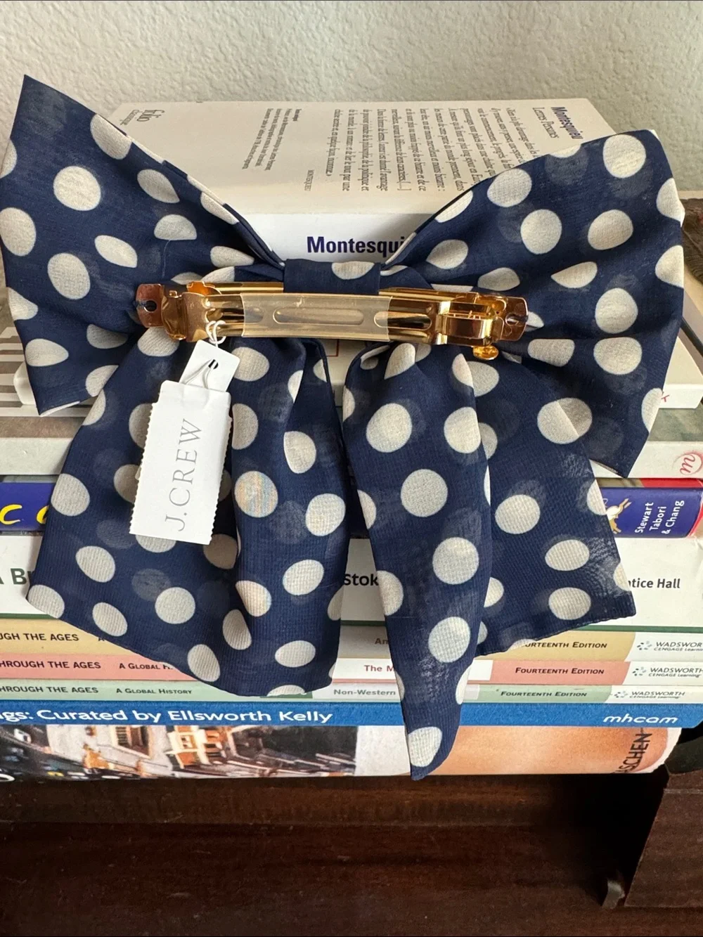 Navy Polka Dot Bow Hair clip -large